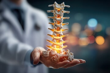 Doctor's hand holding a glowing spine model