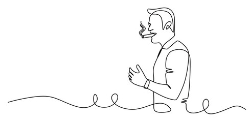 Continuous line art of a man smoking. The concept of calming down and finding ideas. Taking a break outside of work hours.