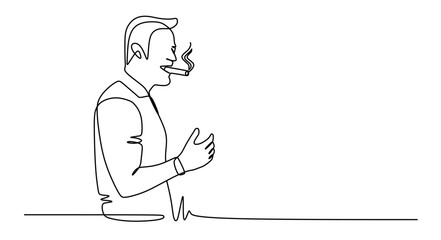 Continuous line art of a man smoking. The concept of calming down and finding ideas. Taking a break outside of work hours.