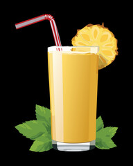 A Glass of Pineapple Juice with A Red Straw and Pineapple Slice - Vector Illustration