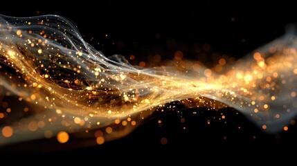 Golden particles flow across a dark background