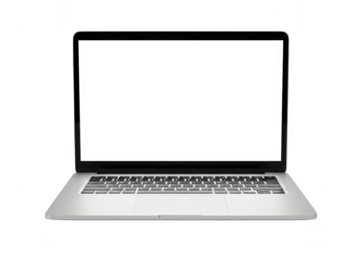 Modern silver laptop computer with a blank white screen, isolated on transparent background, representing technology and digital connectivity for work and business