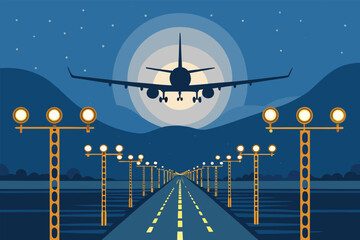 Gleaming runway lights illuminate a dark night as an airplane prepares for takeoff, a beacon of travel and adventure.
