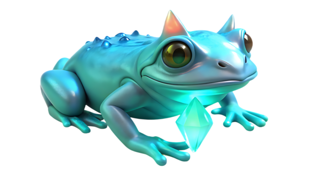 A blue frog holding a glowing crystal in its hands