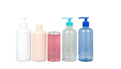 Various cosmetic bottles in a row for product presentation.
