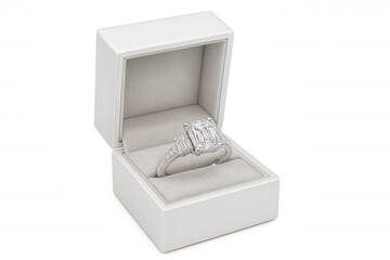 Diamond ring sparkling inside white jewelry box, highlighting elegant luxury against transparent backdrop