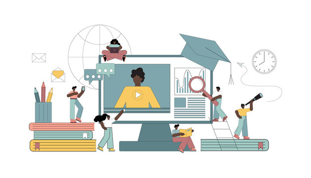 Online education at home, concepts e-learning. Vector flat illustration