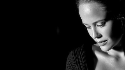 Black and white portrait of a girl on a dark background.