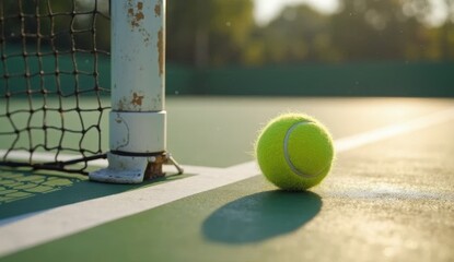 Tennis ball at net base on green court near rusty metal post, close-up highlights texture, shadow, and surface details, evoking realism and sports focus between matches