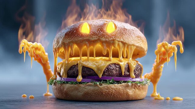 Fiery monster burger with glowing eyes and dripping cheese, showcasing a whimsical design with flames and playful details, creating an engaging visual narrative of culinary creativity and fun