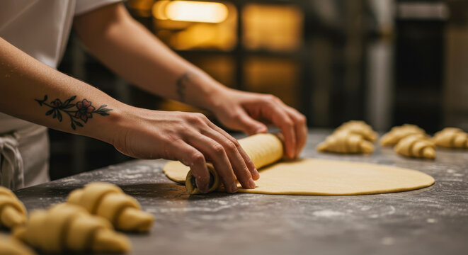 Baker expertly rolls dough creating delicious golden croissants in a bakery kitchen