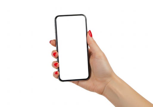 Female hand with red nail polish holding a smartphone with a blank white screen, isolated on transparent background