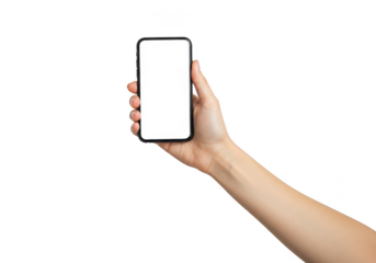 A hand holding a smartphone with a blank white screen, isolated on a transparent background, symbolizing technology, communication, and mobile usage