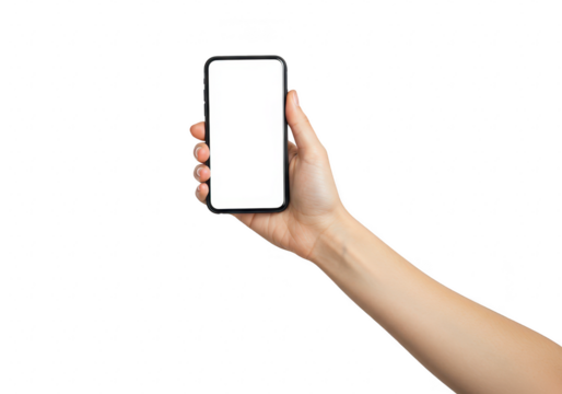 A hand holding a smartphone with a blank white screen, isolated on a transparent background, symbolizing technology, communication, and mobile usage