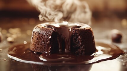 Hot steaming molten chocolate lava cake a decadent treat with rich dark chocolate ready to serve