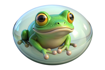 A cartoon frog sitting inside a glass container