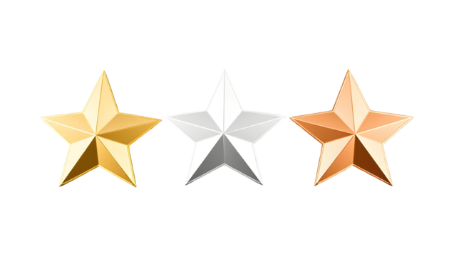 Three Metallic Star Awards on Transparent Background
