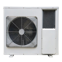 White outdoor air conditioning unit with fan isolated on a transparent background