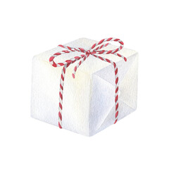 White gift box decorated with ribbon in red stripes and bow. Watercolor illustration of a Christmas present. Hand drawn vintage sketch on isolated background. Water color painting art image