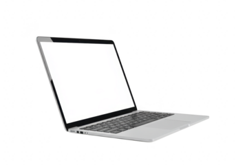 Modern silver laptop computer with a blank screen, isolated on transparent background, representing technology and digital work