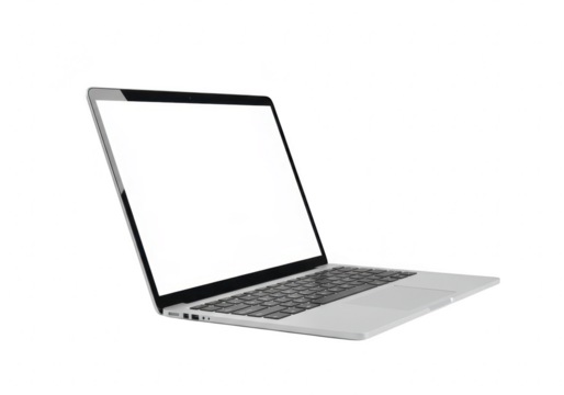 Modern silver laptop computer with a blank screen, isolated on transparent background, representing technology and digital work
