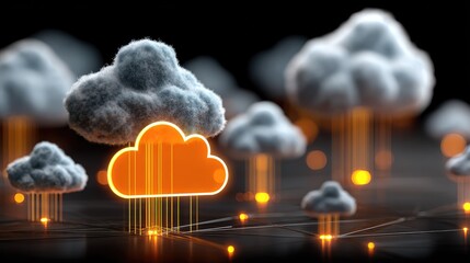 Glowing cloud icon amidst fluffy clouds, digital network