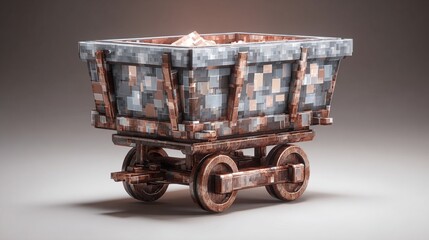 A low-poly, rusty mine cart filled with pale pink ore sits on a neutral background, showcasing a pixelated texture and aged, weathered metal details
