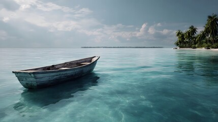 A weathered wooden boat floating on a tranquil turquoise ocean near a tropical island