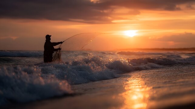 A fisherman casting his net into the calm ocean at sunset