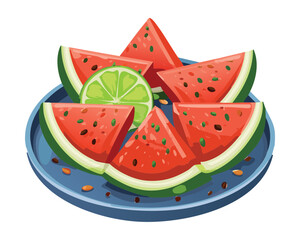 Fresh Watermelon and Lime on a Plate Ready to Eat - Vector Illustration