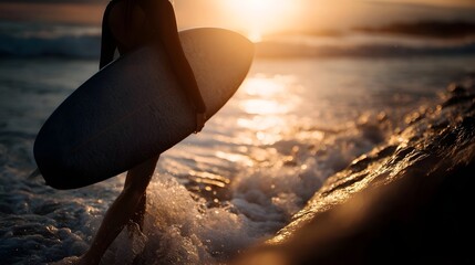 Surfer walking along the beach at sunset with surfboard