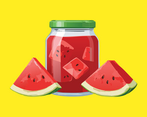 Fresh Watermelon Jam in a Glass Jar with Watermelon Slices - Vector Illustration