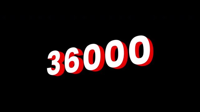 0 To 36000 or Thirty Six Thousand Text Animation. Alpha matte with transparent background 4K resolution.