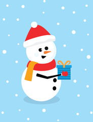 snowman with gift clipart in vector flat style with wearing Santa cap.
