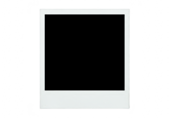 A blank white polaroid photo frame with a black screen, isolated on a transparent background, ready for your image