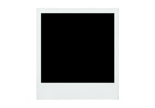 A blank white polaroid photo frame with a black screen, isolated on a transparent background, ready for your image