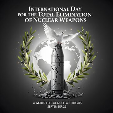 International day for the total elimination of nuclear weapons with a dove and olive branches surrounding a missile