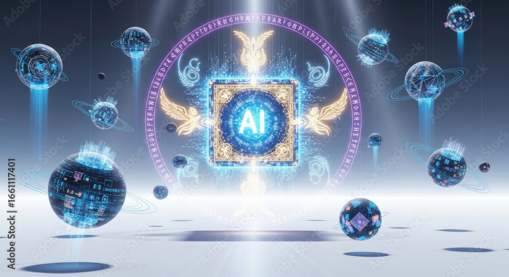 Poster ai core with wings and orbiting globes in a futuristic technological environment setting