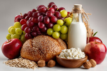 Healthy balanced diet with fresh grapes apples whole grain bread milk cottage cheese walnuts and oats arranged on white surface evoking freshness and nutrition