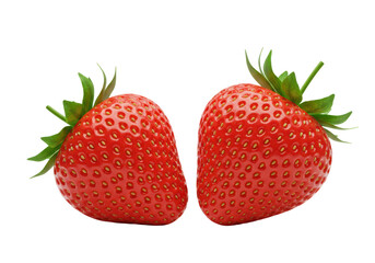 Isolated Two Fresh Ripe Red Strawberries with Green Leaves