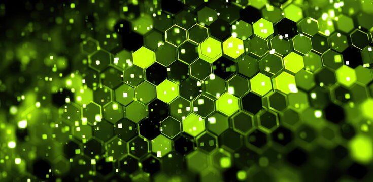 Abstract green hexagon pattern with glowing particles