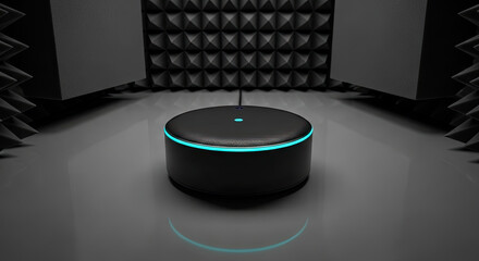 A black smart speaker with a blue light ring sitting in an acoustic testing chamber
