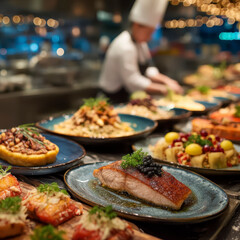 Obraz premium Seared salmon fillet garnished with herbs and black caviar served on blue ceramic plate with various gourmet dishes in background and chef preparing food in restaurant kitchen