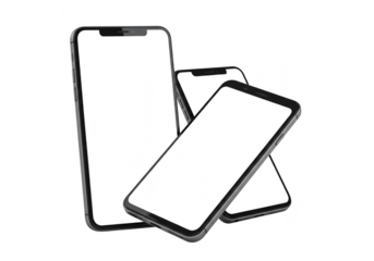 Three smartphones isolated on transparent background