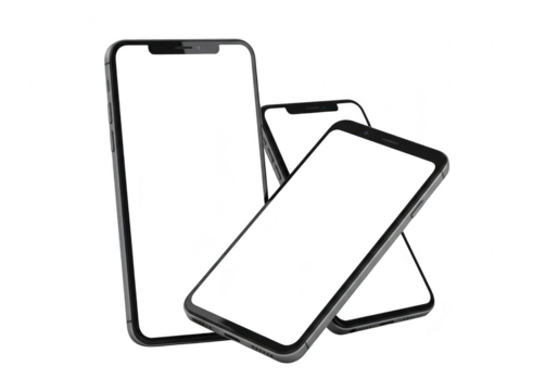 Three smartphones isolated on transparent background