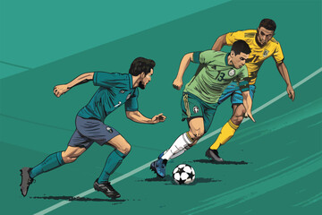 Naklejka premium Intense soccer midfield battle, players aggressively chasing the ball, dynamic action, desperate lunges, tactical positioning.