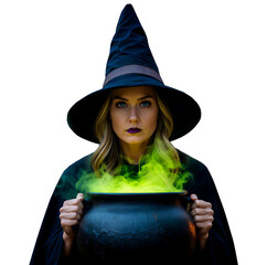 a young beautiful woman in a witch costume holding a cauldron that emits bright green magical smoke, halloween party,  isolated on a transparent background png, fairytale role-play	
