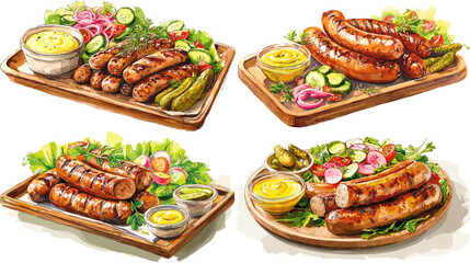 Watercolor painting of grilled sausages with mustard, pickles, and salad on a wooden tray. Perfect for restaurant menus, BBQ posters, or gourmet food packaging and culinary branding.