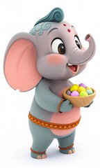 Adorable Cartoon Baby Elephant with Gentle Eyes Holding a Basket Full of Colorful Easter Eggs