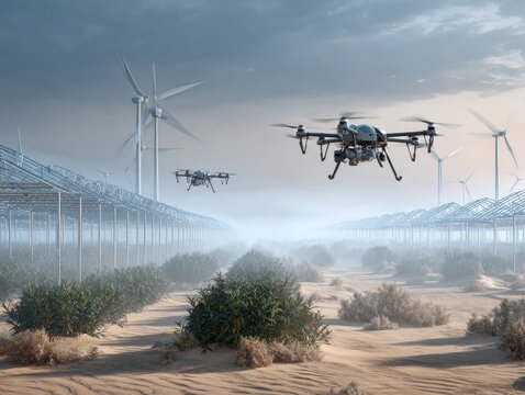 Drones fly over crops near wind turbines, showcasing sustainable agriculture and tech